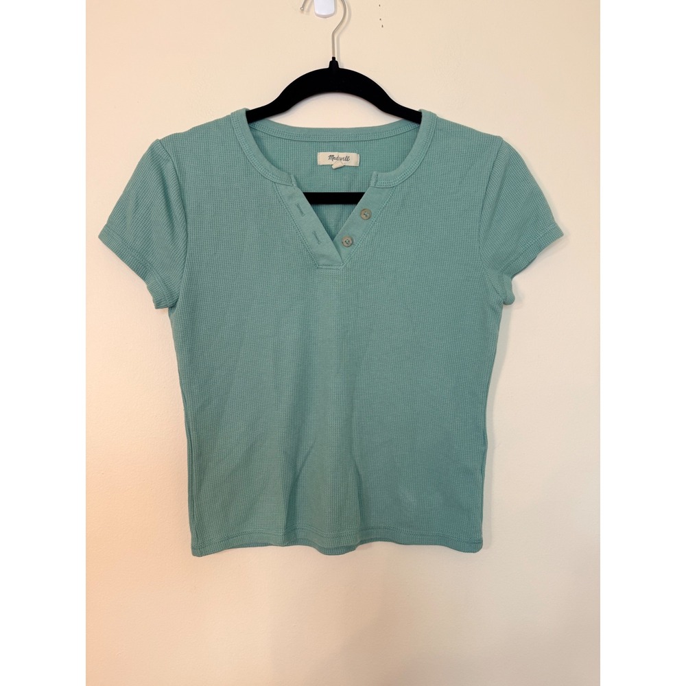 Madewell Womens XS Sage Green Waffle Knit Henley Short Sleeve Top CKP472419314